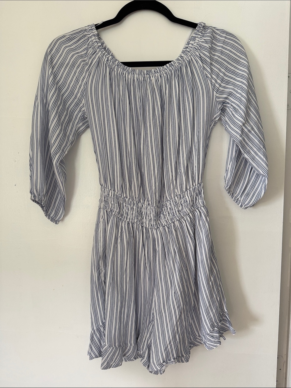 Hollister Striped Off-Shoulder Smocked Waist Romper - White & Navy